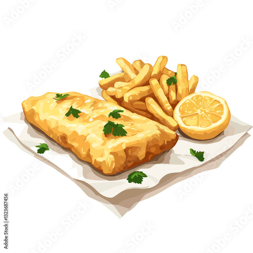 Battered fish and chips with a lemon wedges chip on wrap paper isolated on a white background