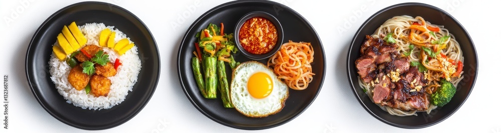 Three Diverse Asian Dishes on Dark Plates Against White Background Three Diverse Asian Dishes on Dark Plates Against White Background