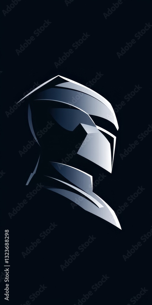 A stylized silhouette of a knight's helmet is displayed against a solid black background, showcasing sharp angles and a futuristic design. Light reflections add depth A stylized silhouette of a knight's helmet is displayed against a solid black background, showcasing sharp angles and a futuristic design. Light reflections add depth