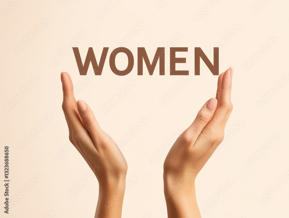 Fototapeta premium Two hands are raised gently to support the word women, symbolizing empowerment and solidarity. The neutral background enhances the focus on the message of unity and strength