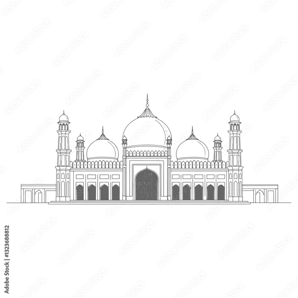 Minimalist Line Art Sketch of the Badshahi Mosque in Lahore Pakistan Showcasing Mughal Architecture with Elegant Symmetry Domes and Minarets in Black and White Minimalist Line Art Sketch of the Badshahi Mosque in Lahore Pakistan Showcasing Mughal Architecture with Elegant Symmetry Domes and Minarets in Black and White