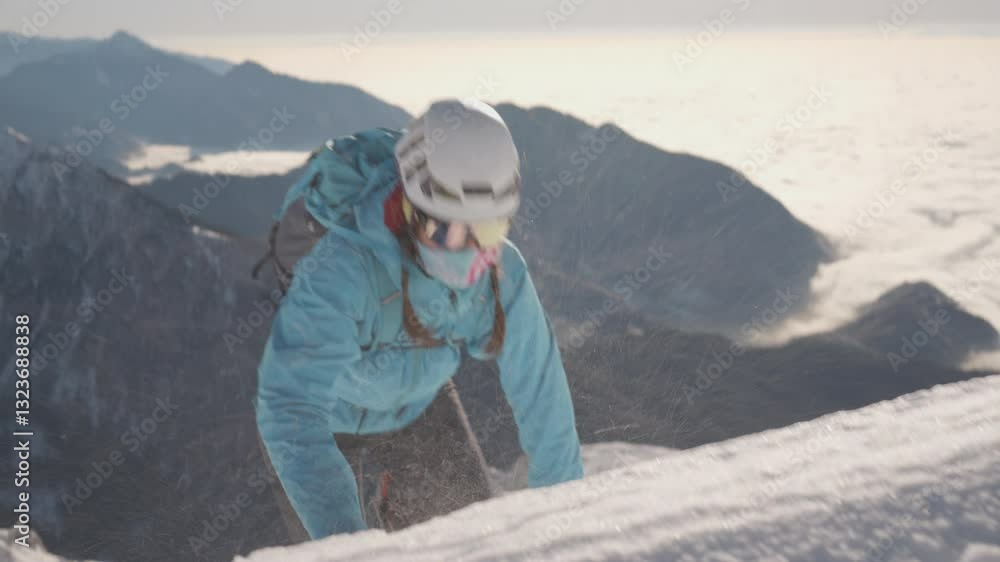 A climber in a blue jacket and white helmet ascends a snowy mountain peak, with clouds and other mountains in the background. A climber in a blue jacket and white helmet ascends a snowy mountain peak, with clouds and other mountains in the background.