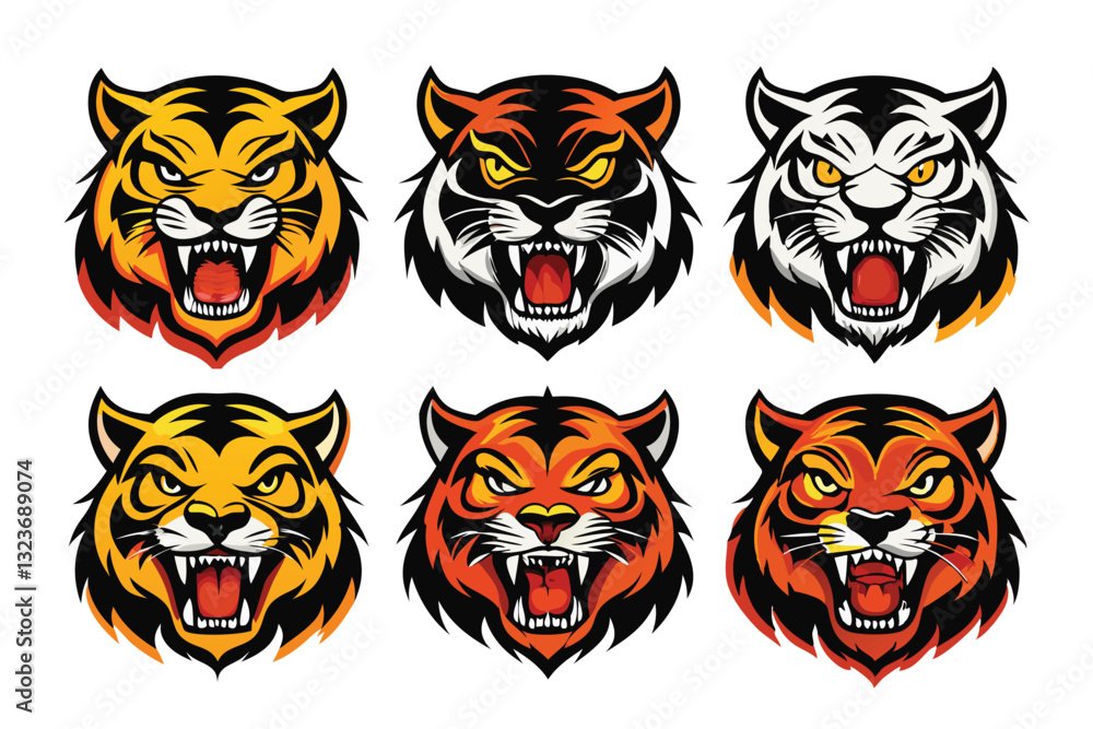 Fototapeta premium Tiger head mascot collection, tiger icon set. Vector illustration