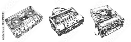 Vintage cassette tape and retro tape recorder hand-drawn in black and white ink sketch, featuring detailed transparent cases, magnetic tape reels, and classic audio equipment in a nostalgic style.