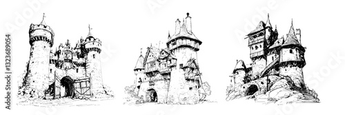 Hand drawn medieval castle illustrations with fantasy architecture, featuring stone towers, fortified walls, arched gates, wooden structures, and gothic details in black and white ink sketch.