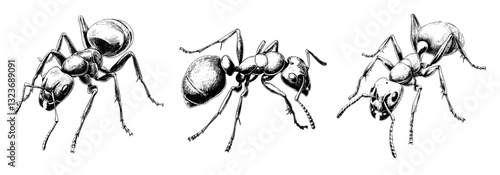 Highly detailed hand-drawn ant illustrations in black and white ink sketch style, featuring realistic anatomy, segmented bodies, six legs, antennae, and intricate textures of insect exoskeletons.