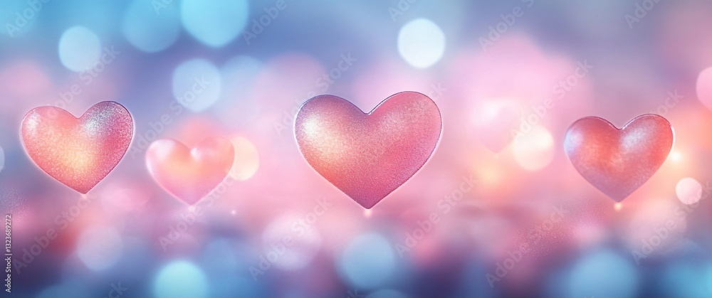 Fototapeta premium Soft-focused bokeh lights in heart shapes create a dreamy backdrop, perfect for Valentine's Day designs, romantic events, or wedding stationery.