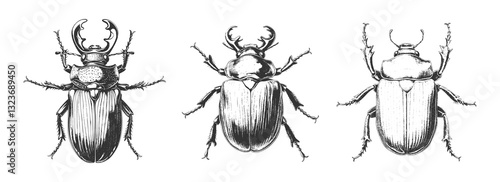 Hand drawn beetle illustrations in black and white ink sketch style, featuring detailed anatomy, segmented bodies, long legs, textured shells, and large mandibles in a vintage entomology engraving.