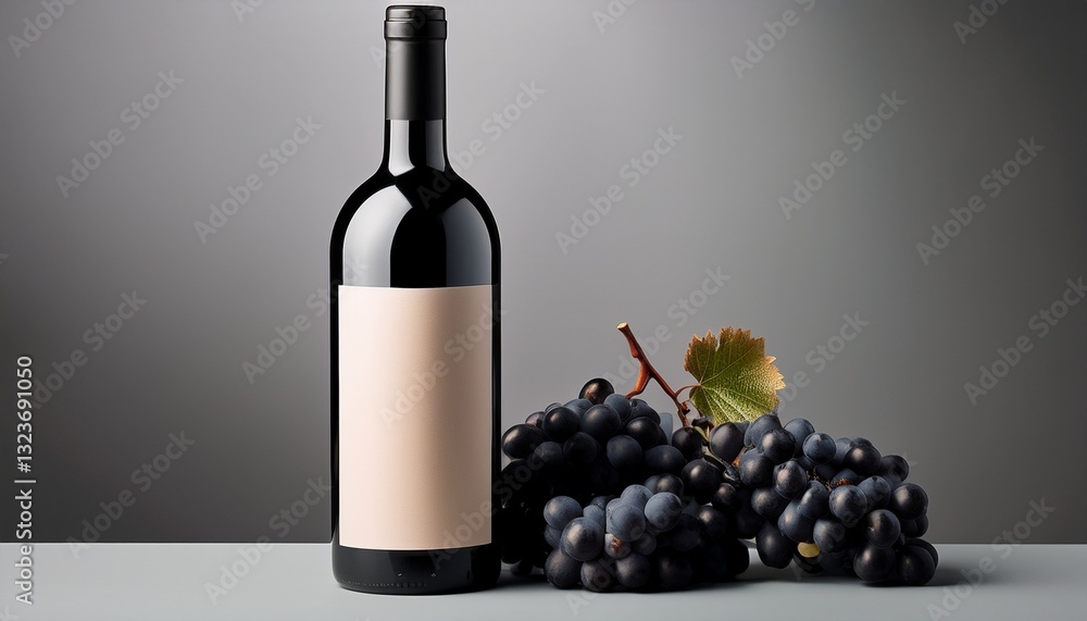 Obraz premium A modern mockup featuring a wine bottle next to dark grapes, set against a subtle gray gradient background, creating an elegant and refined atmosphere, ideal for wine branding and product presentation