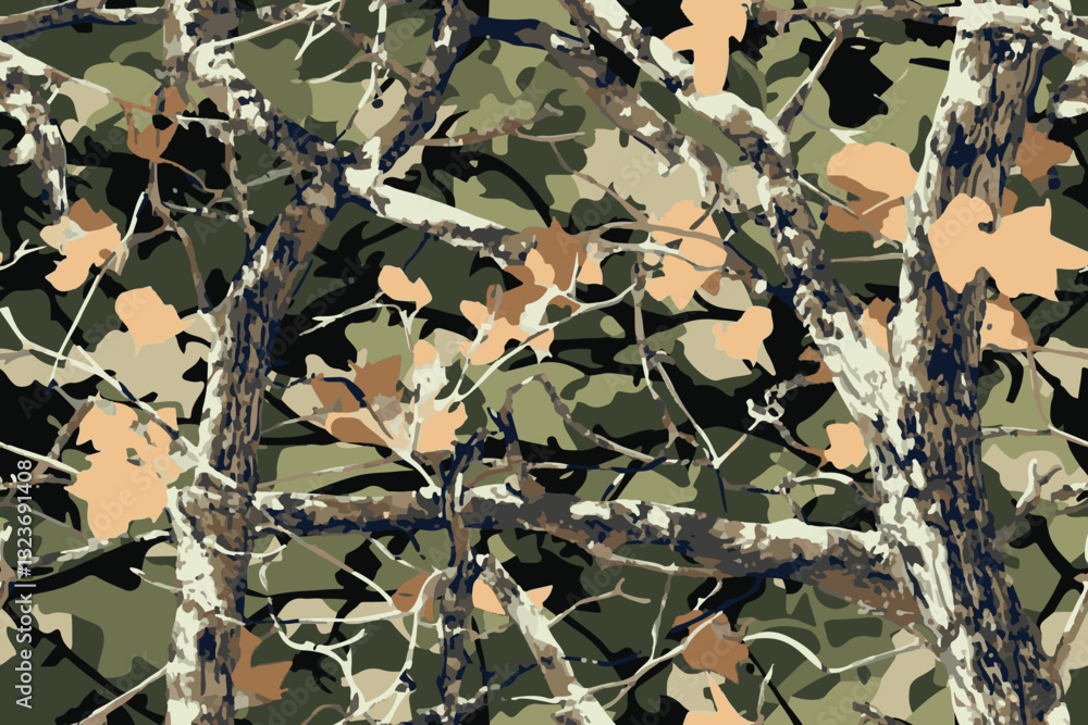 Hunting camouflage modern pattern, vector military print. real tree forest camouflage seamless pattern. Abstract grunge hunting camouflage background.