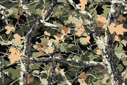 Hunting camouflage modern pattern, vector military print. real tree forest camouflage seamless pattern. Abstract grunge hunting camouflage background. 