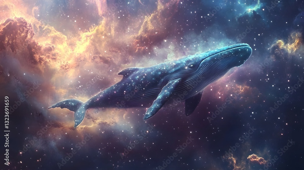 A celestial whale swims through the cosmic expanse of outer space A celestial whale swims through the cosmic expanse of outer space