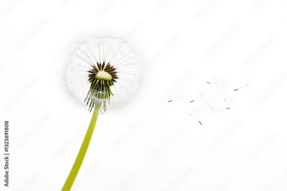 custom made wallpaper toronto digitalA dandelion with floating seeds on a white background symbolizes hope and comfort. It represents condolence, grief, loss, funerals, support, remembrance, and solace. 