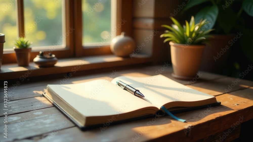 Open Notebook and Pen Resting on Wooden Surface near Window with Sunlight Open Notebook and Pen Resting on Wooden Surface near Window with Sunlight