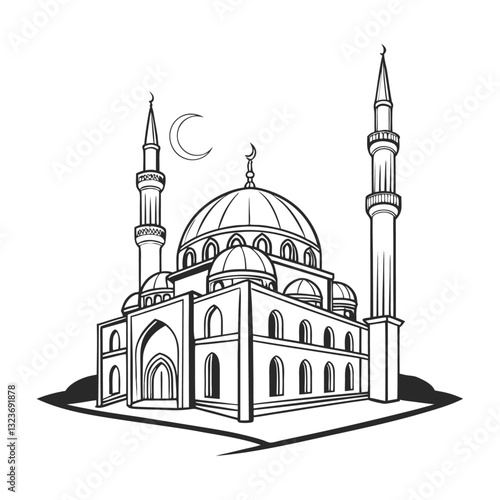 Vector Mosque Illustration with Domes and Minarets. Generative AI