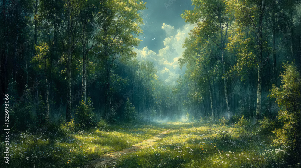 Fototapeta premium Mystical Forest Path: A serene journey through sunlight dappled trees, leading to a luminous clearing in the woods
