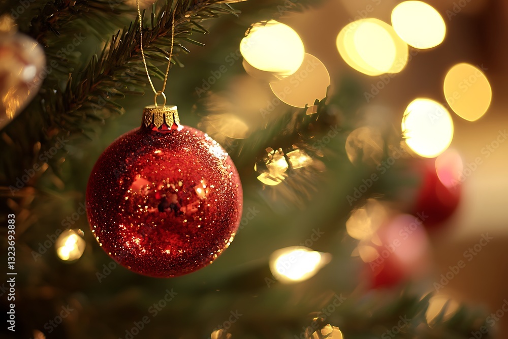 Red sparkly ornament on Christmas tree. Red sparkly ornament on Christmas tree.
