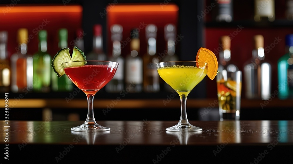 view of three distinct cocktails arranged in a row on a wooden bar counter. view of three distinct cocktails arranged in a row on a wooden bar counter.