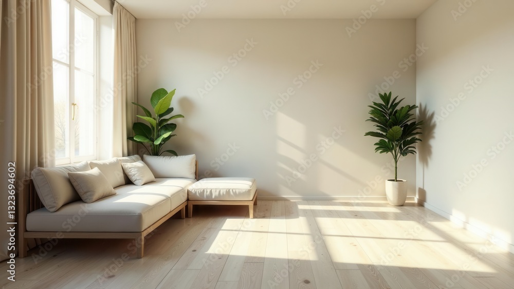 Sunlight Illuminates a Minimalist Living Room Featuring a Light Beige Sectional Sofa and Two Lush Green Plants Sunlight Illuminates a Minimalist Living Room Featuring a Light Beige Sectional Sofa and Two Lush Green Plants