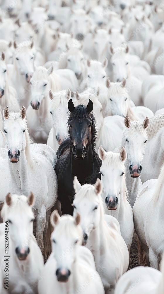 A striking black horse is surrounded by a large group of white horses in a peaceful field. The scene captures the unique contrast and beauty of this natural setting under clear skies A striking black horse is surrounded by a large group of white horses in a peaceful field. The scene captures the unique contrast and beauty of this natural setting under clear skies