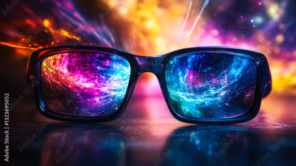 Colorful reflections in sunglasses showcasing a vibrant urban landscape during the evening hours Colorful reflections in sunglasses showcasing a vibrant urban landscape during the evening hours