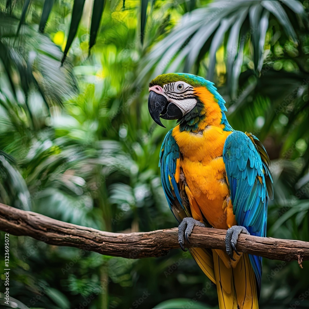 Obraz premium Vibrant scarlet macaw perched on a branch in the jungle. Exotic wildlife, tropical bird, rainforest habitat, nature beauty, colorful feathers. Generative AI.