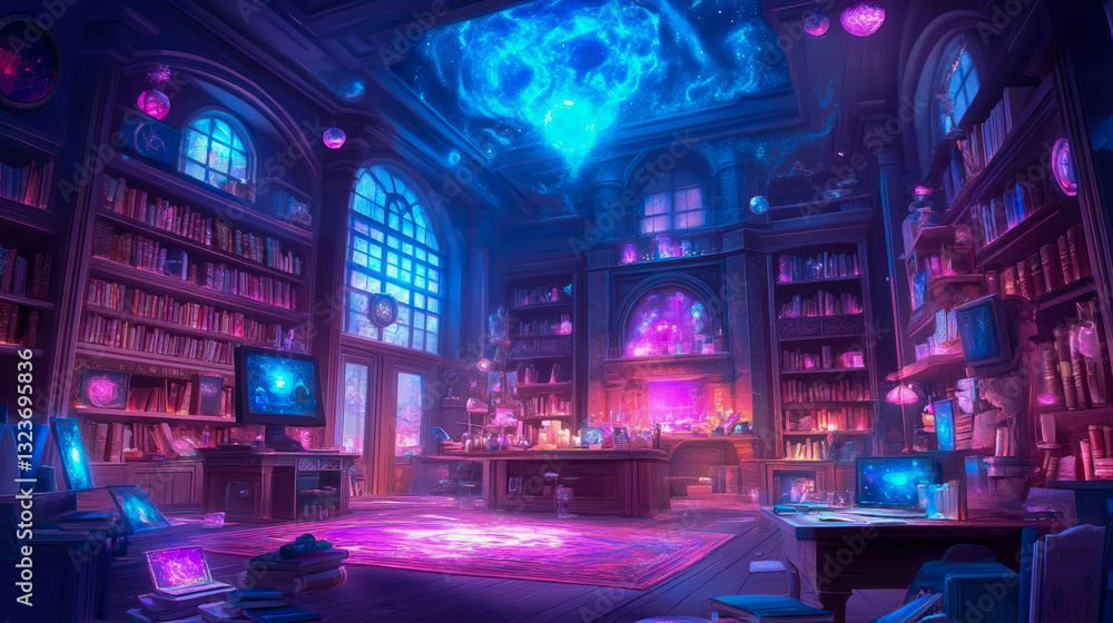 Wizards enchanted chamber: Books, glowing floor, celestial ceiling Wizards enchanted chamber: Books, glowing floor, celestial ceiling
