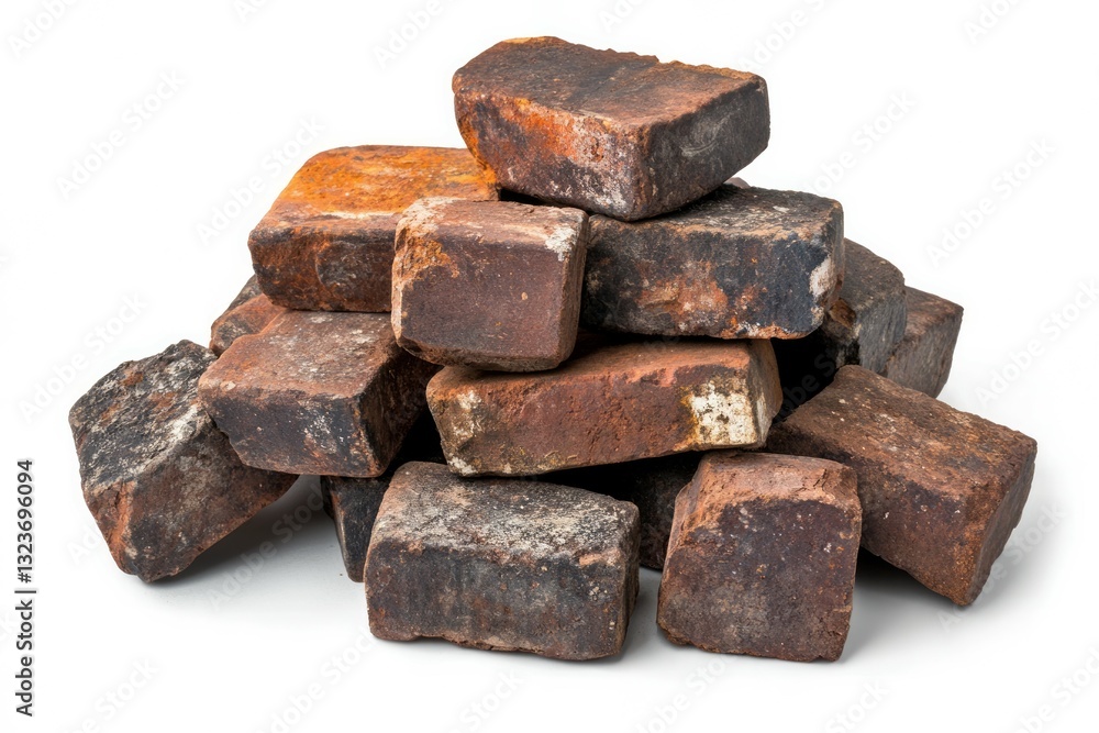 Weathered bricks piled on white background. AI image Weathered bricks piled on white background. AI image
