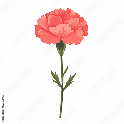 Simple flat 2D icon pink carnation branch with leaves isolated on transparent background, vector, flat design, animation design, simple flat 2D icon, clipart