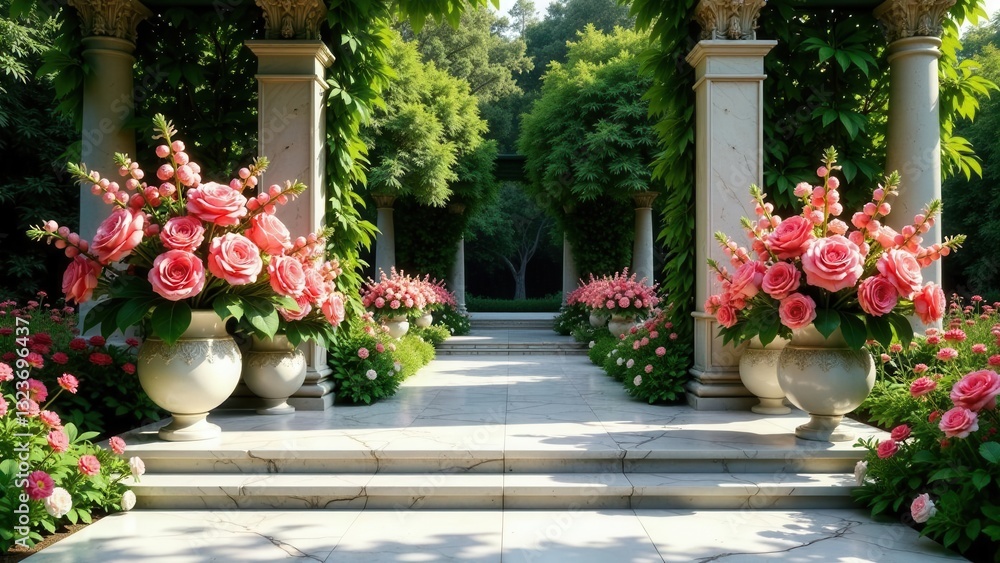 Fototapeta premium Serene Garden Pathway with Ornate Urns Overflowing with Pink Roses and Lush Greenery
