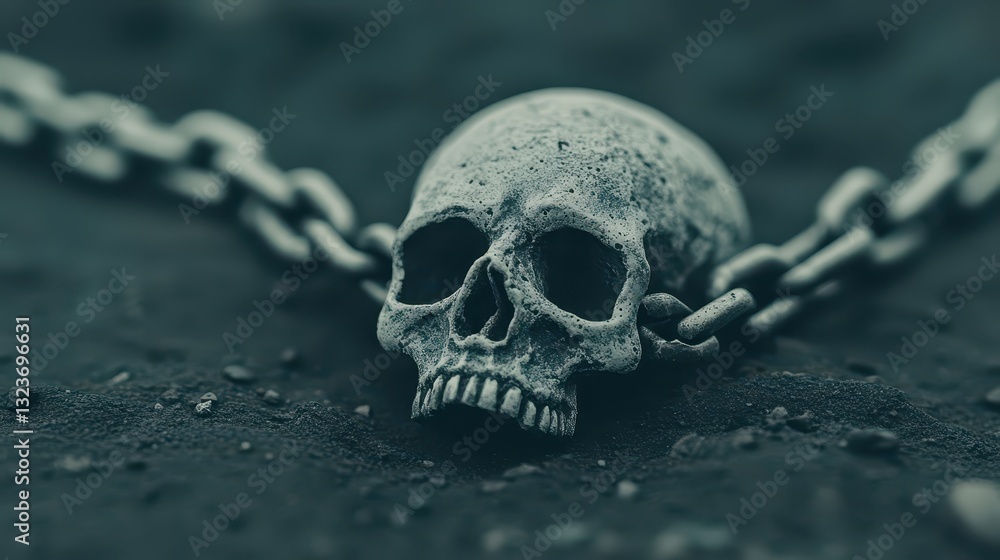 A detailed skull lies against a dark surface, connected to a chain that suggests themes of bondage and death. The dim lighting creates a haunting ambiance, enhancing the visual impact A detailed skull lies against a dark surface, connected to a chain that suggests themes of bondage and death. The dim lighting creates a haunting ambiance, enhancing the visual impact