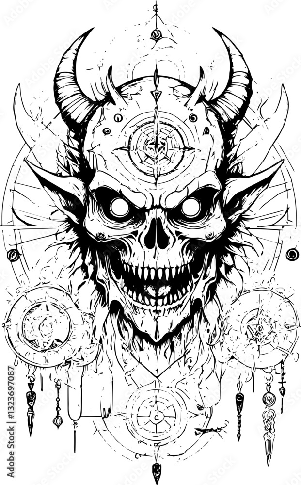 Obraz premium SVG vector features Frankenstein a Gothic horror monster. Sinister Skull Design with Horns and Mystical Symbols