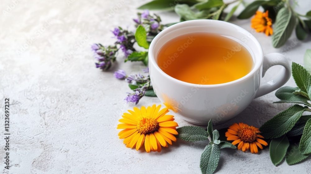 Herbal tea with chamomile and sage on rustic tabletop with flower decor. Herbal tea with chamomile and sage on rustic tabletop with flower decor.