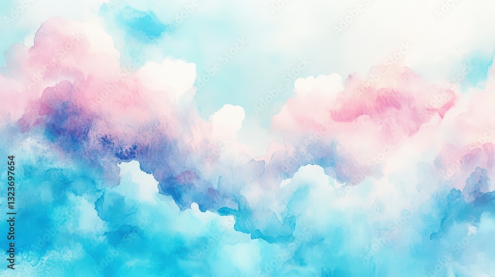 Fototapeta premium Dreamy Pastel Watercolor Cloudscape Soft Pink, Blue, And White Hues