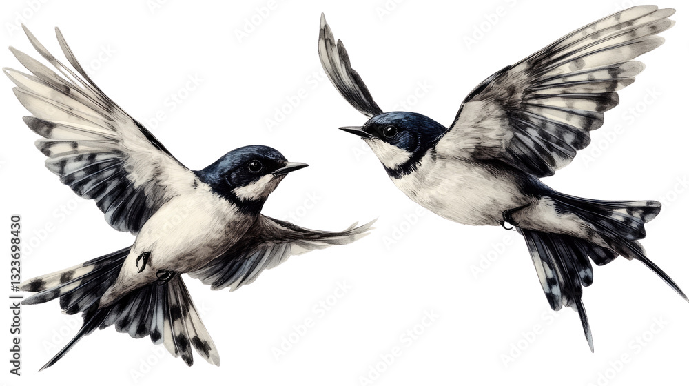 Obraz premium Soaring Symphony: Two swallows dance gracefully in mid-air, their wings spread wide in a symphony of flight, captured in an exquisite watercolor style.