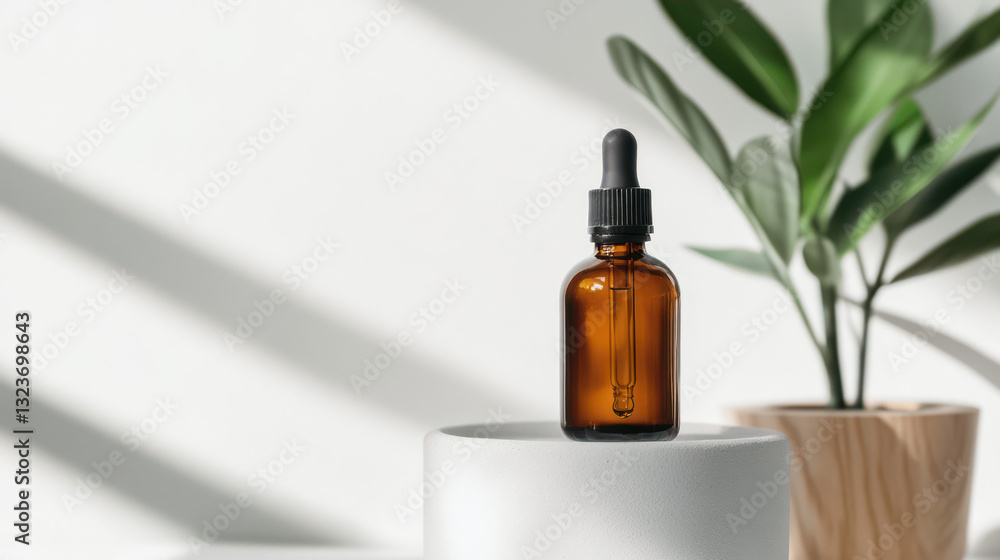 Amber dropper bottle standing on white podium with houseplant in background Amber dropper bottle standing on white podium with houseplant in background