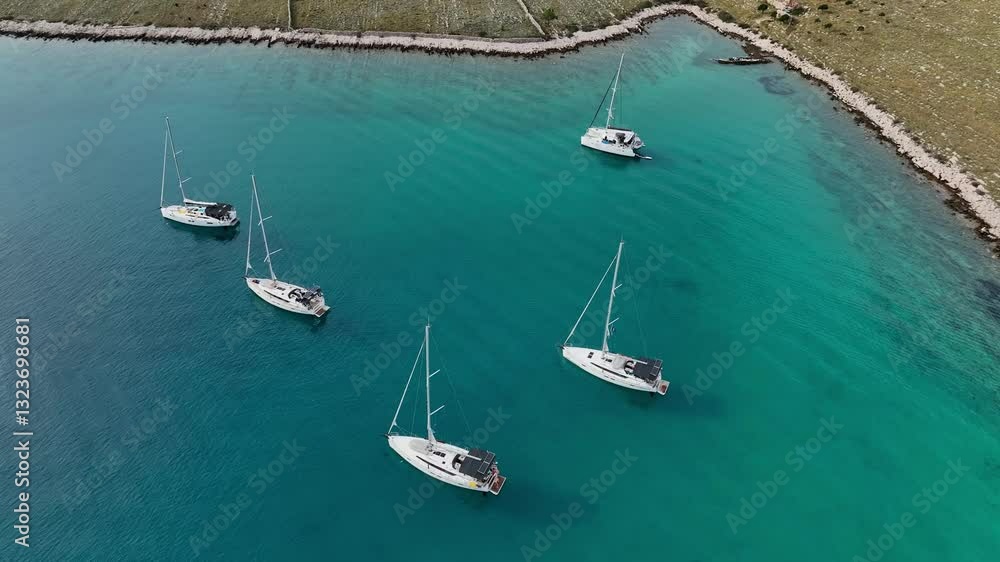 Yacht And Sailboats Floating In The Blue Sea In Kornati, Croatia. - aerial shot Yacht And Sailboats Floating In The Blue Sea In Kornati, Croatia. - aerial shot