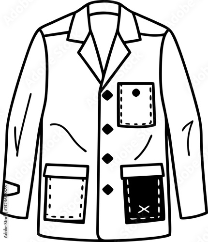 Sketch of a fashionable patchwork jacket with buttons and pockets on a plain background