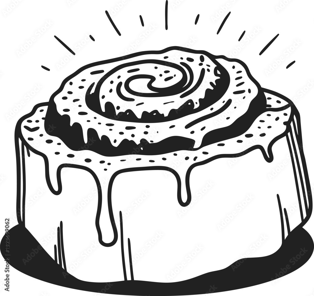 Cinnamon roll sketch hand drawn pastry illustration with icing swirls Cinnamon roll sketch hand drawn pastry illustration with icing swirls