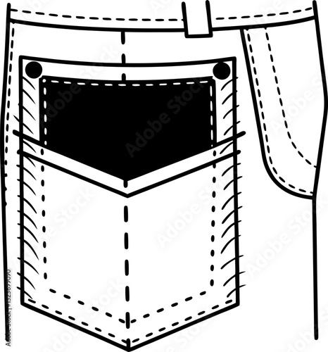 Denim pocket outline, black and white sketch of jeans detail stitching and fabric texture illustration