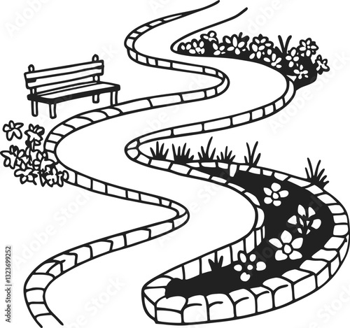 garden path with curved walkway and bench floral borders and park setting