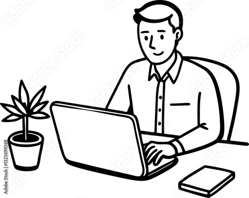 Person working on laptop at desk with plant, minimalist line art illustration