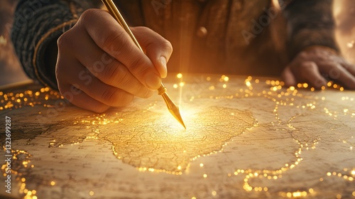 A fantasy mapmaker holding a golden quill, standing beside a massive, detailed map of an imaginary world