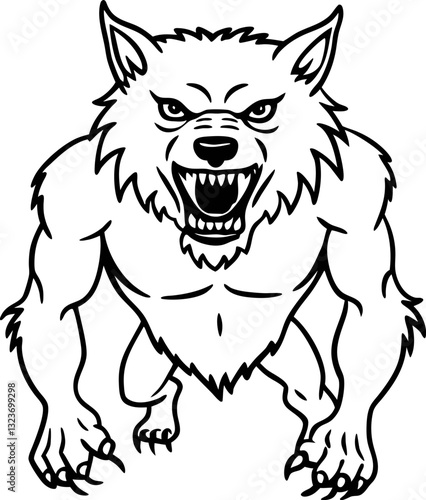 ferocious werewolf in aggressive stance black and white illustration, mythical creature