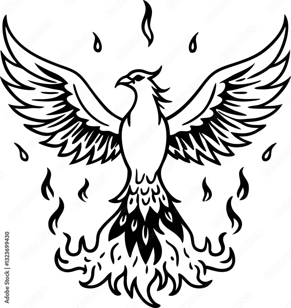 Obraz premium Phoenix rising from flames, mythical firebird symbolizing rebirth and transformation in monochrome design
