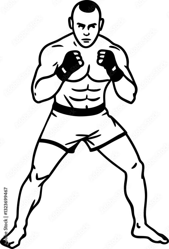 Mma fighter in fighting stance, ready for combat athletic strength and martial arts dedication Mma fighter in fighting stance, ready for combat athletic strength and martial arts dedication