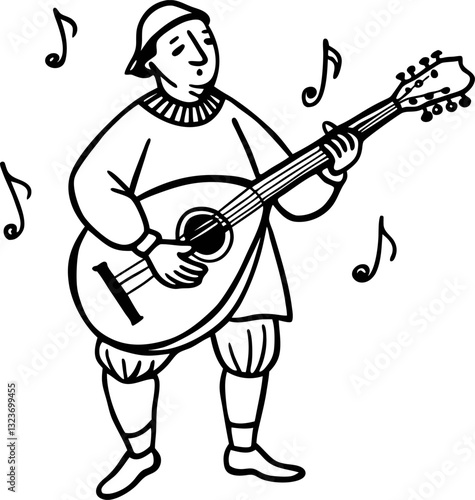 musician playing lute medieval minstrel music illustration, wearing traditional clothing, surrounded by notes