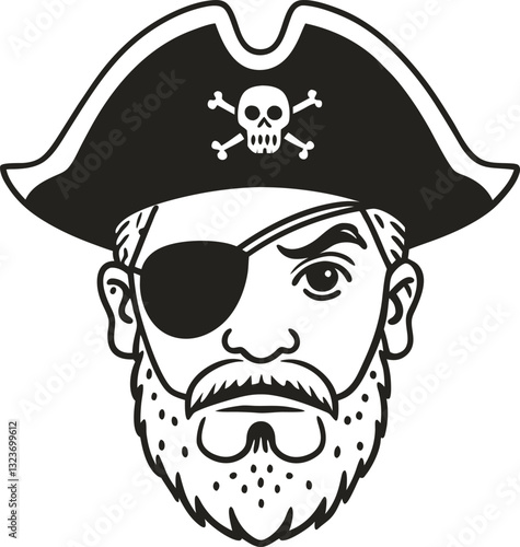 Pirate icon with eyepatch and beard, classic hat with skull black and white illustration
