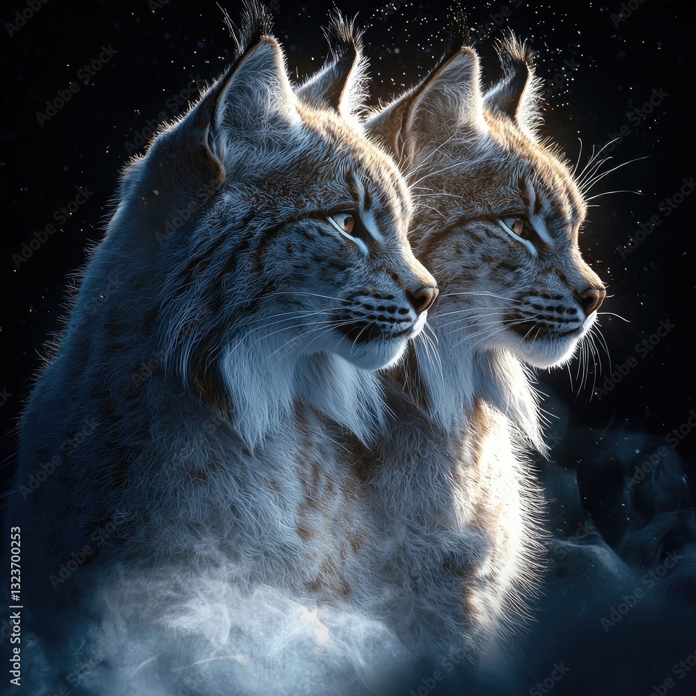 Obraz premium Ethereal lynx with a ghostly double face, emerging from smoke. Spiritual symbolism, mystical nature, fantasy aura, dreamlike vision, cosmic energy. Generative AI.