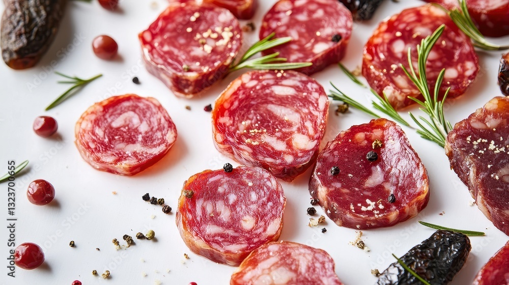 Obraz premium A pristine white surface, adorned with slices of cured meat in vibrant hues of crimson, amber, and black, each boasting a glistening surface and a tantalizing texture.